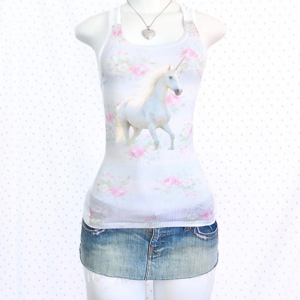 y2k floral unicorn graphic ribbed tank top